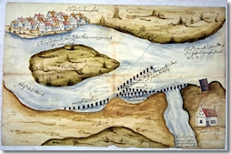 Der Main spülte immer wieder wertvolles Land ab. Zum Schutz wurde 1672 das Ufer bei Bergrheinfeld mit Dämmen und Pfahlbauten gesichert. (Foto: © Staatsarchiv Würzburg, Gebrechenamt III G 56)