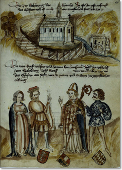 Gründung von Kloster Raitenhaslach durch Graf Wolfher von Tegernbach, seine Frau Hemma und den Bischof von Salzburg. Zeichnung aus dem Begräbnisbuch des Klosters, 15. Jahrhundert