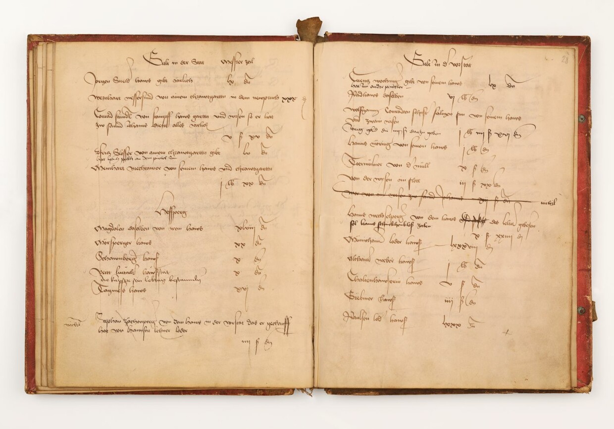 Spitals compiled their most important information in cartularies: Copies of important charters and revenue accounts. Cartulary of Holy Spirit Spital in Burghausen. Stadtarchiv Burghausen © Haus der Bayerischen Geschichte, Augsburg | Photo: Gerhard Nixdorf