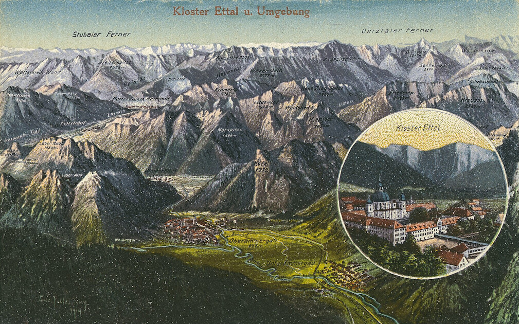 Kloster Ettal und Umgebung, Postkarte von Eugen Felle, 1919