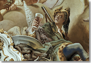 Der Freskant der Klosterkirche Aldersbach, Cosmas Damian Asam, hat im Deckengemälde des Salettls von Schloss Alteglofsheim wohl seinen Auftraggeber Graf von Königsfeld mit einem Glas Bier in der Hand verewigt. (Foto: Bildarchiv Foto Marburg)