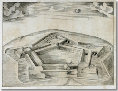Vogelschau-Plan der Wülzburg bei Weißenburg / Kopie nach Rochus Graf zu Lynar, um 1590, Staatsarchiv Nürnberg / Stromer-Archiv, Foto: Staatsarchiv Nürnberg