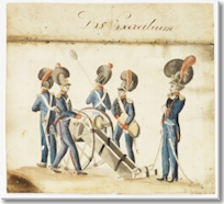 Geschützübung der bayerischen Artillerie / Federzeichnung, koloriert, um 1810, Frankenwaldmuseum, Kronach, Foto: Haus der Bayerischen Geschichte / Achim Bühler