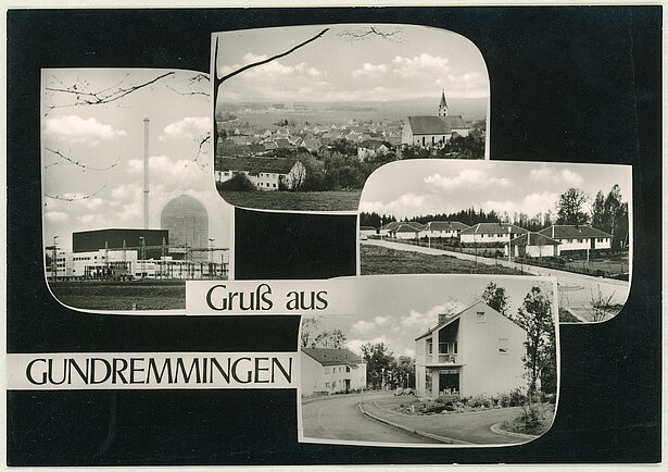 Gruß aus Gundremmingen: Postkarte mit Kernkraftwerk, Neubaugebiet und Dorfansichten, 1960er Jahre © Heimatverein Gundremmingen e.V.