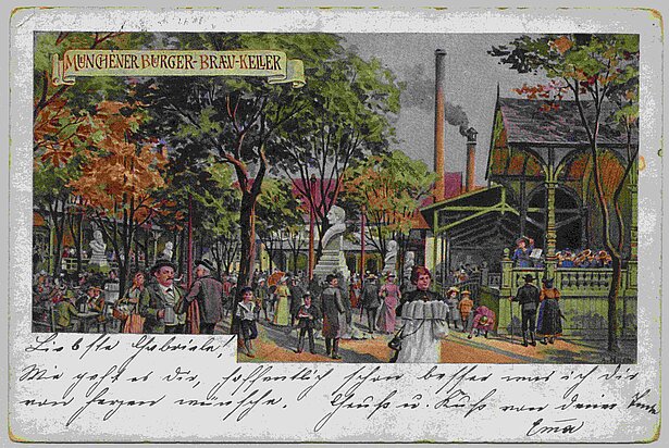 Bürgerbräukeller, postcard, around 1910. Because of the Hitler putsch and the Elser assassination, this beer palace is remembered today primarily as a political venue. People also liked to meet here simply to dance © Haus der Bayerischen Geschichte