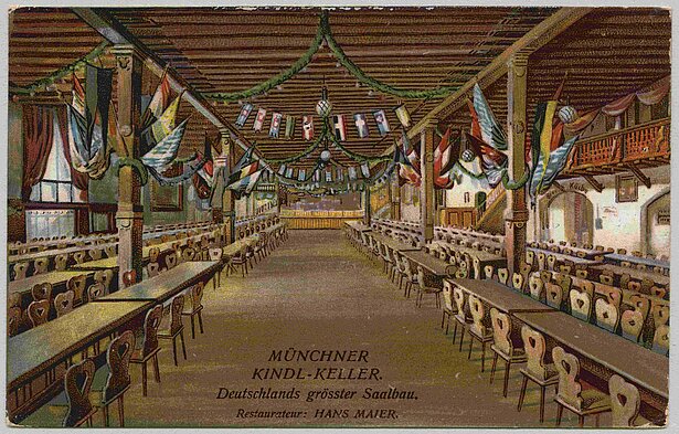 Münchner-Kindl-Keller, postcard, 1908. The 6,000 seats in the hall were often full. Nevertheless, the beer palace had to close during the inflation of 1923 © Haus der Bayerischen Geschichte 