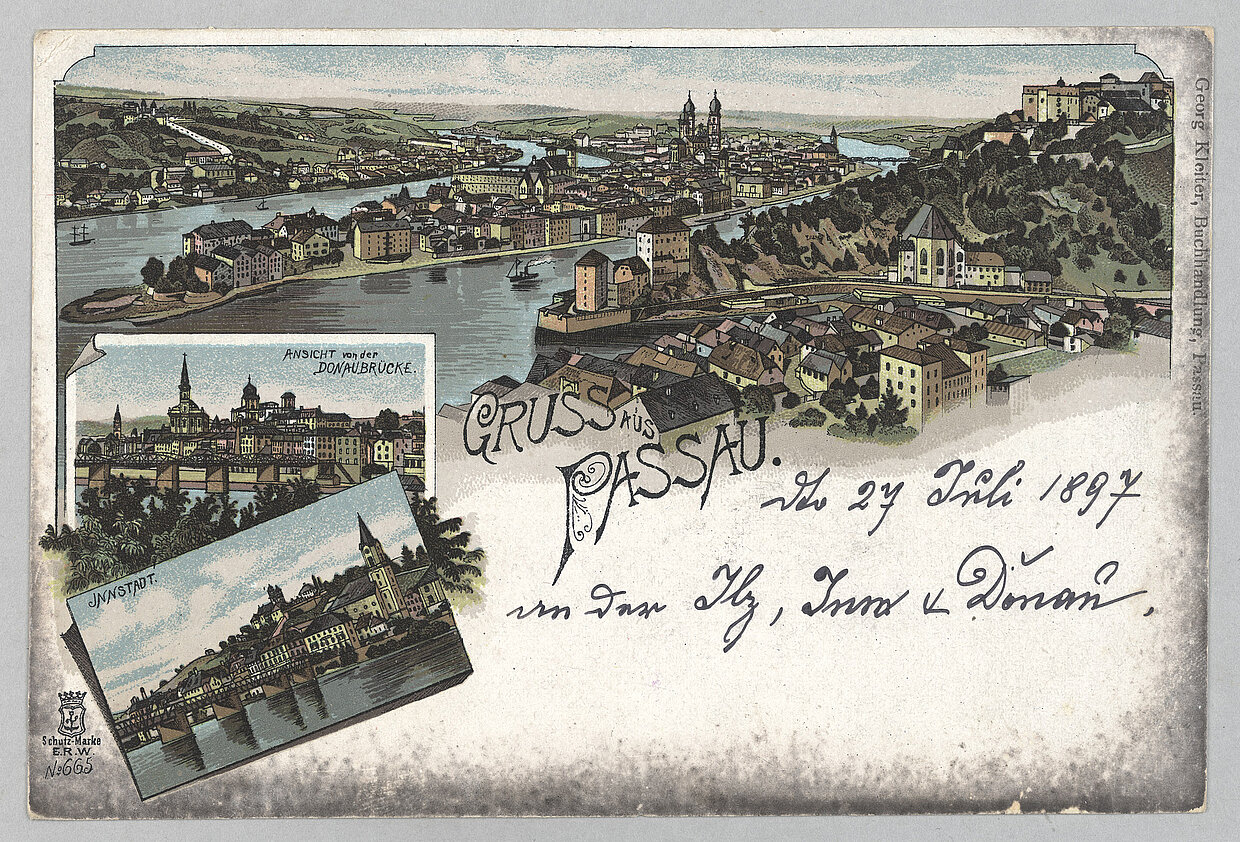 Ansichtskarte von Passau, 1897. Die Ansichtskarte zeigt die Stadt Passau mit den drei Flüssen Donau, Inn und Ilz, die Passauer Innstadt und die Maxbrücke, die nach der Eröffnung der Schanzlbrücke 1972 abgerissen wurde. © Haus der Bayerischen Geschichte