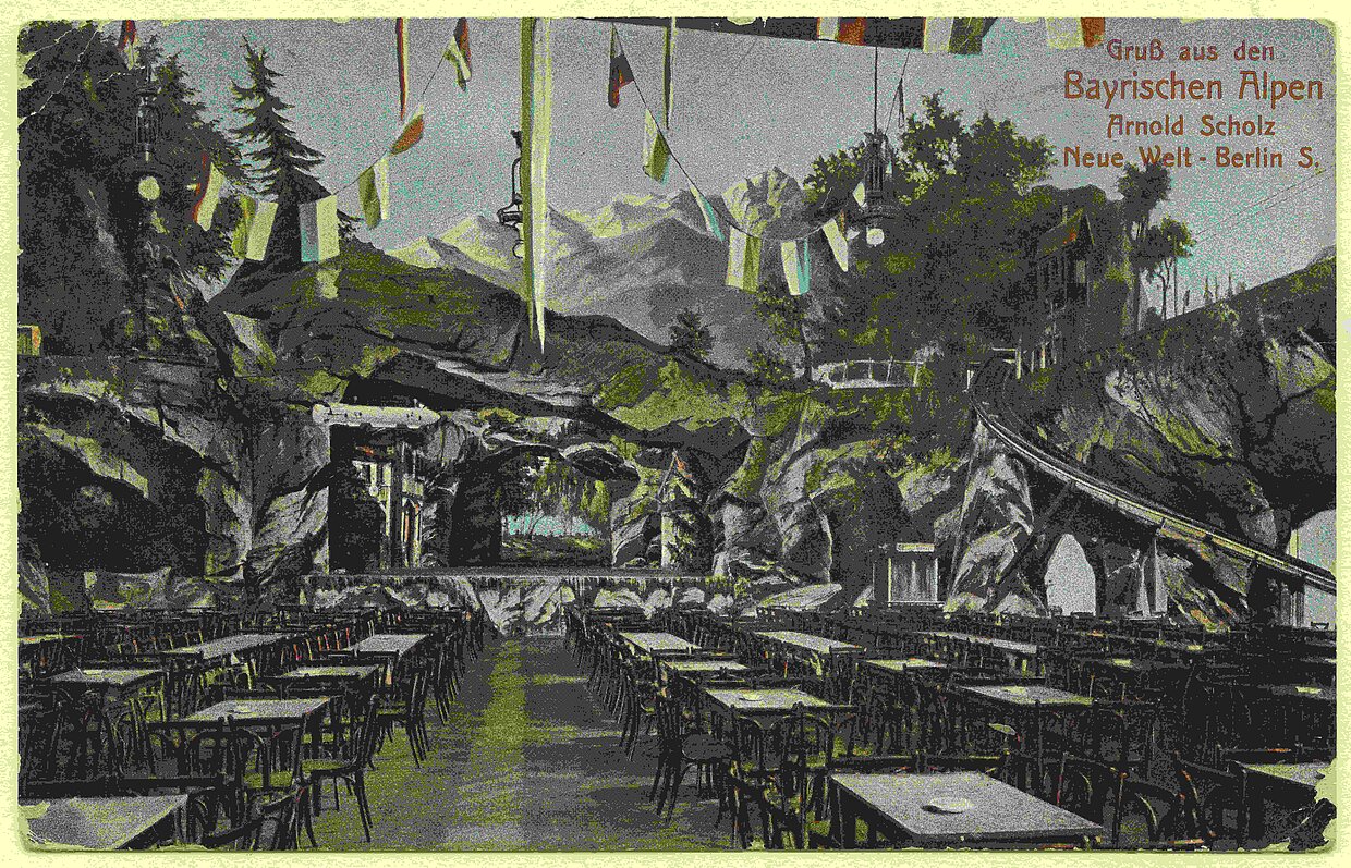 Alpine restaurant "Neue Welt", postcard, 1914. The "Neue Welt" in Berlin offered Bavarian gastronomic experiences - see the slide on the right of the picture 