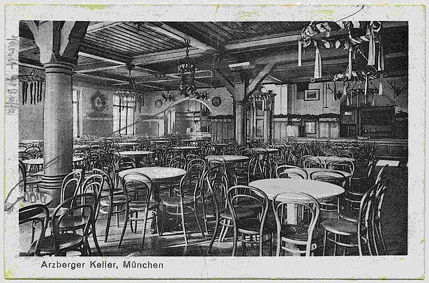 Arzbergerkeller, postcard, around 1920. The Arzbergerkeller opened in 1882 as one of the first public buildings in Munich with electric light © Haus der Bayerischen Geschichte