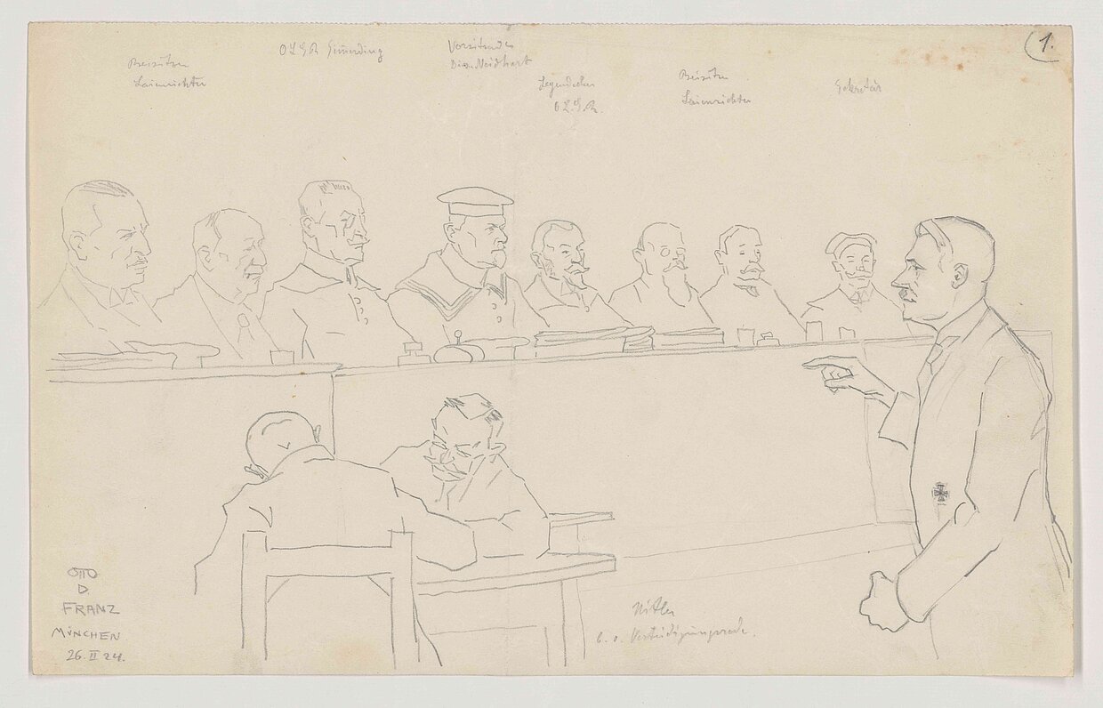 Gerichtszeichnung aus dem „Hitler-Prozess” 1924 © Staatsarchiv München, NL Otto D. Franz 44