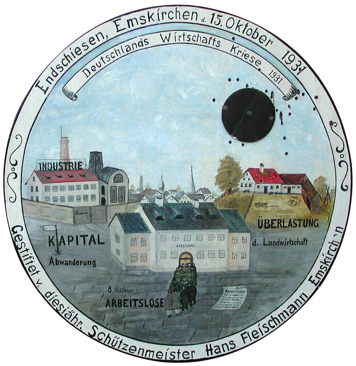 Schützenscheibe Weltwirtschaftskrise 1931
© Schützengesellschaft Emskirchen | Digitalbild: Haus der Bayerischen Geschichte
