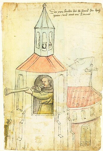 Darstellung eines Türmers (Peter) in den Hausbüchern der Nürnberger Zwölfbrüderstiftungen, Nürnberg, um 1425 © Stadtbibliothek im Bildungscampus Nürnberg, Amb. 317. 2°, f. 6r
