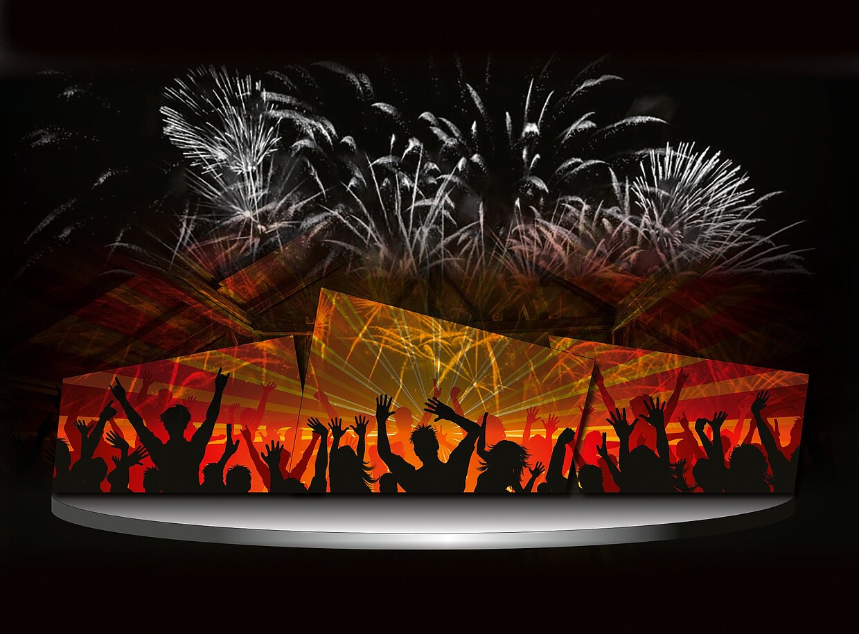 Eingangsinszenierung „Spektakel“ (Gestaltungsentwurf) „wir sind artisten x Friedrich Pürstinger“, Salzburg: Umsetzung aus dem Video-Storyboard © HdBG