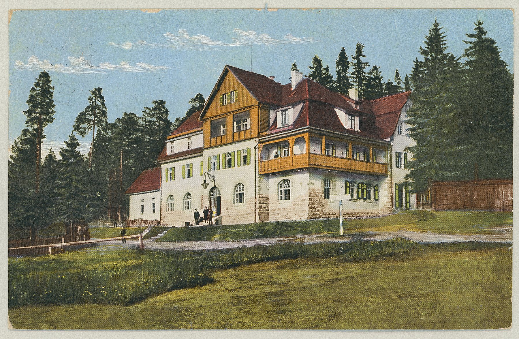 Ansicht von der Haidmühle (Touristenhaus), dem heutigen Gasthof Strohmaier, im Landkreis Freyung-Grafenau im Jahre 1912.
