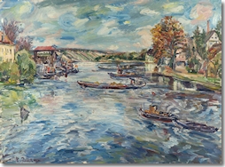 Kurt Reuter (1908-1965), Sommerliche Flusslandschaft bei Schweinfurt mit Kähnen und Booten, um 1940. (Foto: © Sammlung Joseph Hierling)